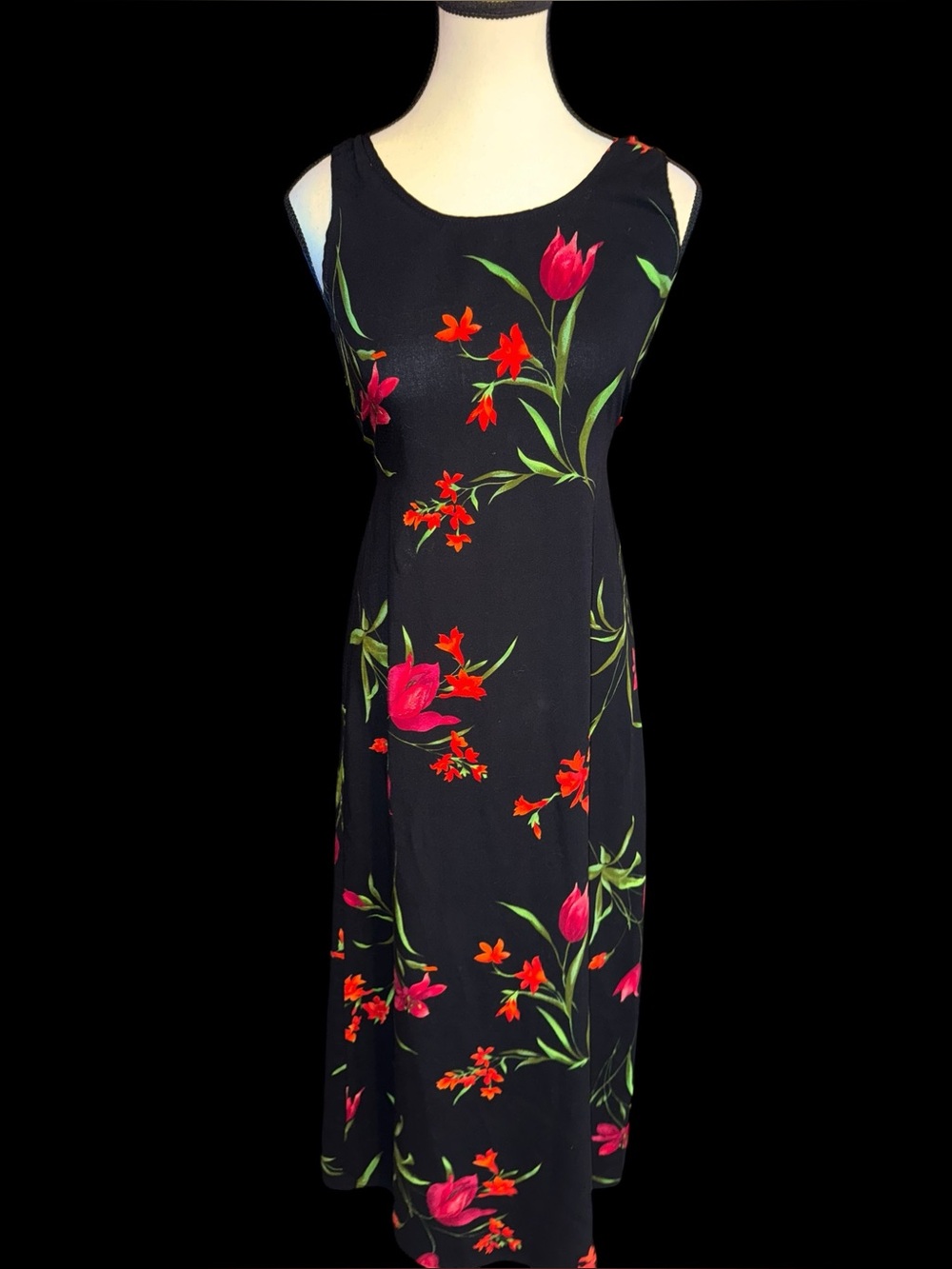 Vintage 90s Connie Choi Black Floral Tulip Maxi Dress Sleeveless 49” Long